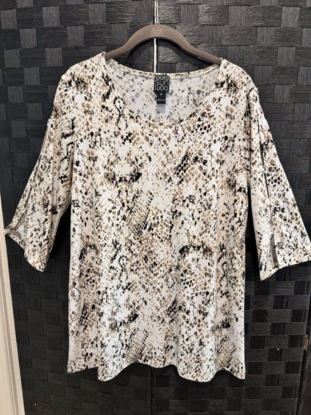 Clara Sun Woo Beige and Black Snake-Print Scoop Neck Short Sleeve Top
